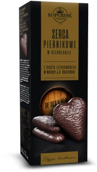 Pierniki Kopernik Premium Serca Piernikowe w deserowej czekoladzie, whisky, 128g