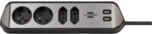 Listwa zasilająca narożna Brennenstuhl estilo, z funkcją ładowania USB, 2m, 4 gniazda wtykowe + 2xUSB 3.10A, srebrno-czarny