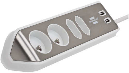 Listwa zasilająca narożna Brennenstuhl estilo, z funkcją ładowania USB, 2m, 4 gniazda wtykowe + 2xUSB 3.10A, srebrno-biały