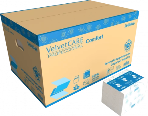 Serwetki dyspenserowe Velvet Care Professional Comfort, 23x16cm, 2-warstwowe, 150 listków, biały