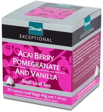 Herbata czarna w piramidkach Dilmah Exceptional Acai Berry, Pomegranate and Vanilla, granat/jagody acai/wanilia, 20 sztuk x 2g