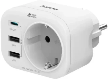 Gniazdo elektryczne Hama, z ładowarką USB (1xUSB-C, 2xUSB-A), 20W, biały