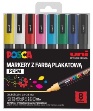 Marker z farbą plakatową Uni Posca PC-5M, okrągła, 8 sztuk, mix kolorów jasnych