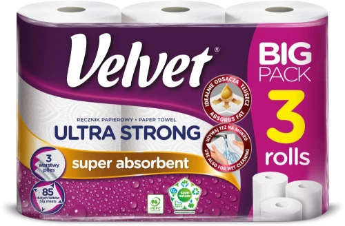 Ręcznik papierowy Velvet Ultra Strong, 3-warstwowy, w roli, 3 rolki, biały