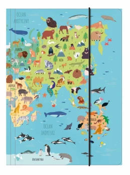 Teczka kartonowa z gumką Derform Mapa Świata- Zwierzęta, A4, 3mm, mix kolorów