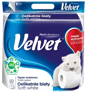 Papier toaletowy Velvet, 3-warstwowy, 4 rolki, delikatnie biały