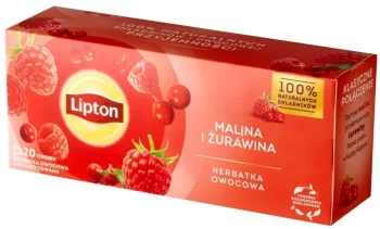 Herbata owocowa w torebkach Lipton, malina i żurawina, 20 sztuk x 1.6g