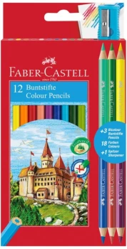 Kredki ołówkowe Faber Castell Zamek, 12 sztuk + 3 kredki dwustronne Bicolor + temperówka. mix kolorów
