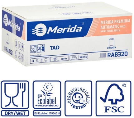 Ręcznik papierowy z adaptorami Merida Premium TAD Automatic Maxi, 2-warstwowy, 6 rolek, 18.5cmx100m, biały