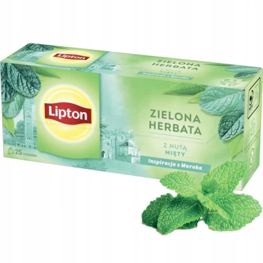 Herbata zielona smakowa w torebkach Lipton Green Tea Mint, mięta, 25 sztuk x 1.3g