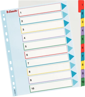 Przekładki kartonowe numeryczne z kolorowymi indeksami Esselte, laminowane, A4+, 1-10 kart, mix kolorów