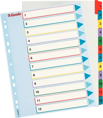 Przekładki kartonowe numeryczne z kolorowymi indeksami Esselte, laminowane, A4+, 1-12 kart, mix kolorów