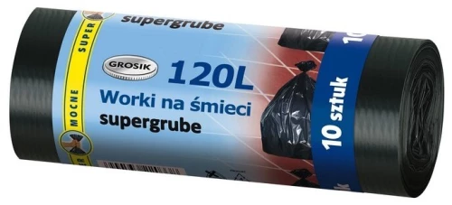 Worki na śmieci supergrube Grosik, LD, 120l, 110x70cm, 10 sztuk, czarny