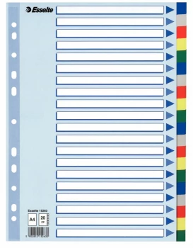 Przekładki plastikowe z kolorowymi indeksami Esselte, A4, 20 kart, mix kolorów