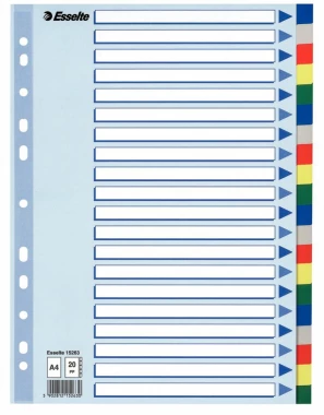 Przekładki plastikowe z kolorowymi indeksami Esselte, A4, 20 kart, mix kolorów