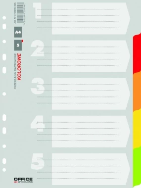 Przekładki kartonowe numeryczne z kolorowymi indeksami Office Products, A4, 5 kart, mix kolorów