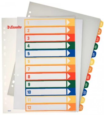 Przekładki plastikowe numeryczne z możliwością nadruku tekstu Esselte Maxi, A4, 1-12 kart , mix kolorów