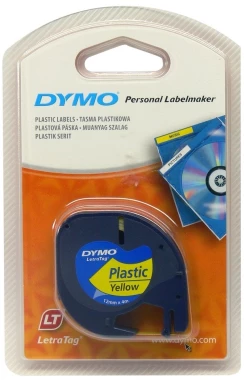 Taśma do drukarek etykiet Dymo Letratag, 12mmx4m, plastikowa, nadruk czarny, taśma żółta
