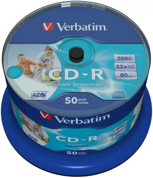 Płyta CD-R Verbatim, do nadruku, do jednokrotnego zapisu, 700 MB, cake box, 50 sztuk