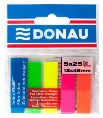 Zakładki samoprzylepne Donau, proste, indeksujące, folia, 12x45mm, 5x25 sztuk, mix kolorów neonowych