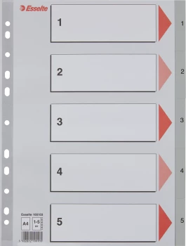 Przekładki plastikowe numeryczne Esselte, A4, 1-5 kart, szary