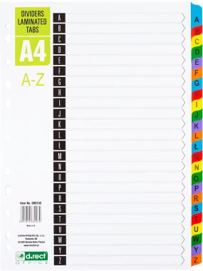 Przekładki kartonowe alfabetyczne A-Z z kolorowymi indeksami D.Rect, A4, 24 karty, mix kolorów