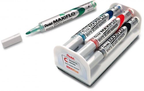 Marker suchościeralny Pentel Maxiflo MWL5S, z tłoczkiem, okrągła, 4 sztuki, 4mm, mix kolorów + gąbka magnetyczna