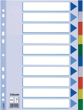 Przekładki plastikowe z kolorowymi indeksami Esselte, A4, 10 kart, mix kolorów