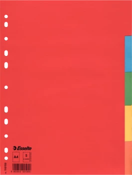 Przekładki kartonowe gładkie z kolorowymi indeksami Esselte, A4, 5 kart, mix kolorów