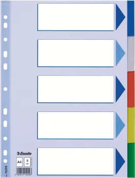 Przekładki plastikowe z kolorowymi indeksami Esselte, A4, 5 kart, mix kolorów