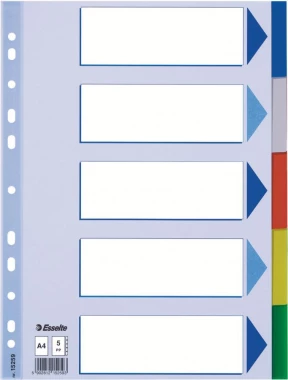 Przekładki plastikowe z kolorowymi indeksami Esselte, A4, 5 kart, mix kolorów