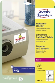 Etykiety zabezpieczające poliestrowe Avery Zweckform Triplebond, 63.5x33.9mm, 20 arkuszy, biały