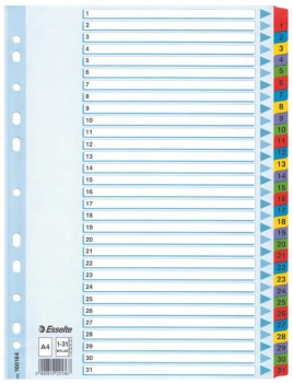 Przekładki kartonowe numeryczne z kolorowymi indeksami Esselte Mylar, A4,1-31 kart, mix kolorów