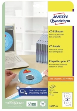 Etykiety na płyty CD/DVD Avery Zweckform, z kółkiem centrującym, 117mm, 25 arkuszy, biały
