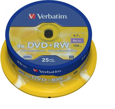 Płyta DVD+RW Verbatim, do wielokrotnego zapisu, 4.7 GB, cake box, 25 sztuk
