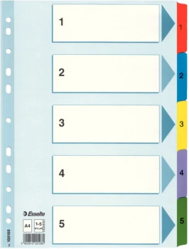 Przekładki kartonowe numeryczne z kolorowymi indeksami Esselte Mylar, A4, 1-5 kart, mix kolorów