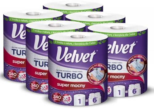 6x Ręcznik papierowy Velvet Turbo, 3-warstwowy, 78.21m, w roli, 1 rolka, biały