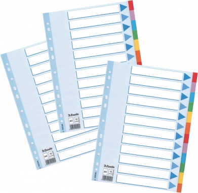 Zestaw 3x Przekładki kartonowe gładkie z kolorowymi indeksami Esselte, A4, 12 kart, mix kolorów