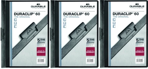 Zestaw 3x skoroszyt plastikowy z klipsem Durable DuraClip, A4, do 60 kartek, czarny