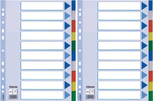 Zestaw 2x przekładki plastikowe z kolorowymi indeksami Esselte, A4, 10 kart, mix kolorów