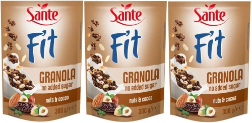 3x granola Sante Fit, orzechy/kakao, bez cukru, 300g
