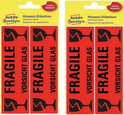 2x etykiety ostrzegawcze Avery Zweckform, z nadrukiem "Fragile" (uwaga szkło), 119x38 mm, 10 sztuk, jaskrawo czerwony