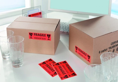 2x etykiety ostrzegawcze Avery Zweckform, z nadrukiem "Fragile" (uwaga szkło), 119x38 mm, 10 sztuk, jaskrawo czerwony