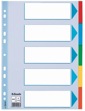 3x przekładki kartonowe z kolorowymi indeksami Esselte, A4, 5 kart, mix kolorów