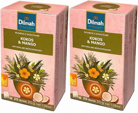 2x Herbata ziołowa w torebkach Dilmah Rooibos Coconut & Mango, kokos i mango, 20 sztuk x 1.5g