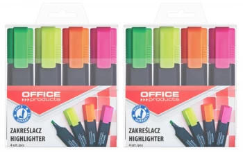 2x Zakreślacz Office Products, ścięta, 4 sztuki, mix kolorów fluorescencyjnych