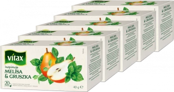 Zestaw 5x Herbata owocowa w torebkach Vitax Inspirations, melisa i gruszka, 20 sztuk x 2g