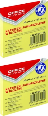 2x Karteczki samoprzylepne Office Products, 76x76mm, 100 karteczek,  jasnożółty pastelowy
