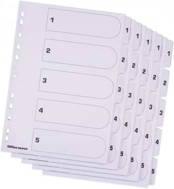 5x Przekładki kartonowe numeryczne Office Depot, A4, 1-5 kart, biały