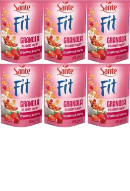 6x Granola Sante Fit, malina/truskawka, bez cukru, 300g
